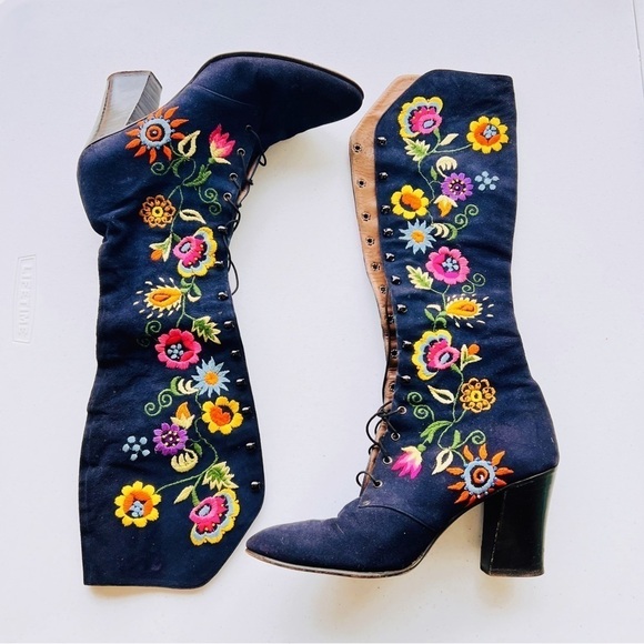 Jerry Edouard Vintage Extremely Rare Floral Beaded  Embroidered High Lace Boots - Picture 1 of 11